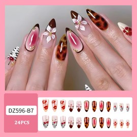 Medium Press on Nails Almond Leopard Print Fake Nails with Designs French Tip Nails Press Ons Spring Flower Cherry False Nails Glossy Full Cover Acrylic Artificial Gel Glue Stick on Nails for Women