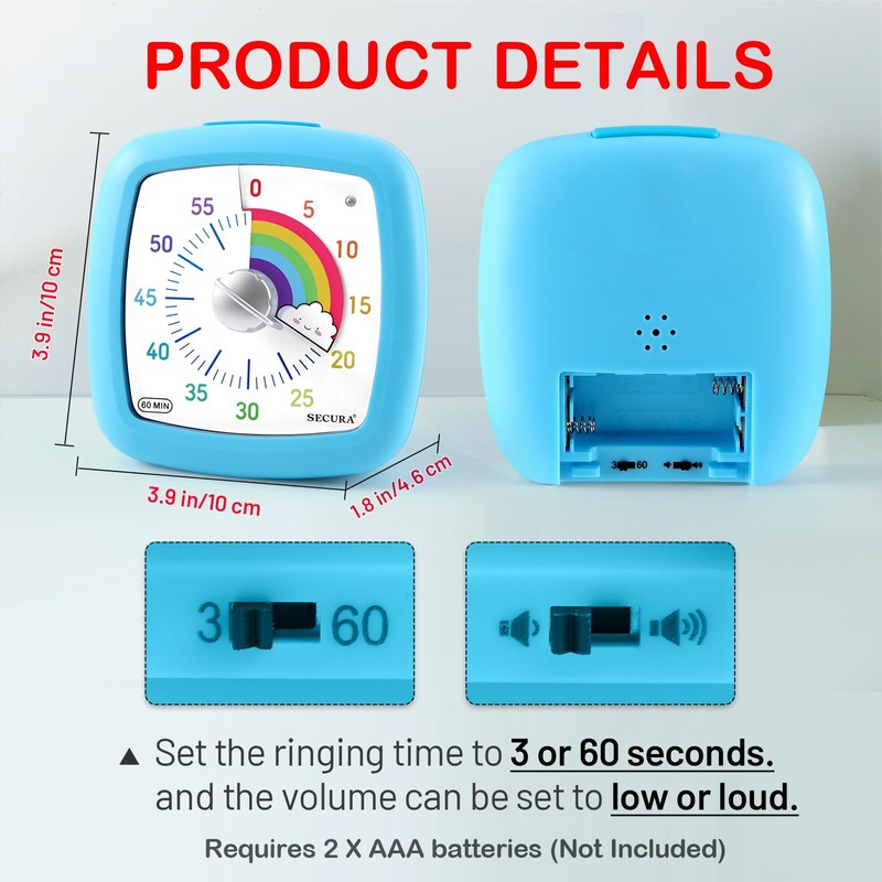 Secura 60-Minute Visual Timer, Silent Study Timer for Kids and