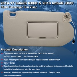 NHILES Right Passenger Sun Visor with Lamp & Mirror for 2013-2020 Nissan Pathfinder 2014-2020 Infiniti QX60 and 2013 Infiniti JX35,OEM: 96401-9PB0A 964009PB0A Beige