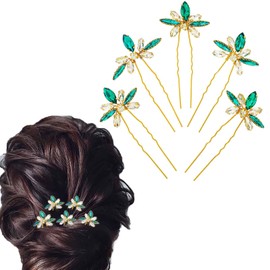Flayem Wedding Bridal Rhinestone Hair Pins Green Crystal Leaf Hair Accessories (5 Pieces) (B)