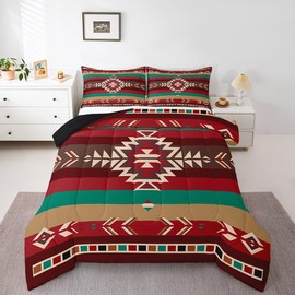 Feelyou Southwest Native Bedding Set for Kids Boys Girls Southwestern Geometric Comforter Set Twin Size Tribal Duvet Quilt Bedroom Decor Breathable Soft Lightweight Microfiber Green Brown Red 2Pcs