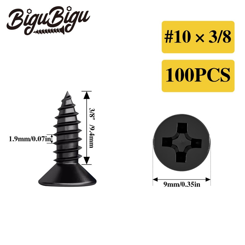 #10 * 3/8" Wood Screws, Flat Head Phillips Black Stainless