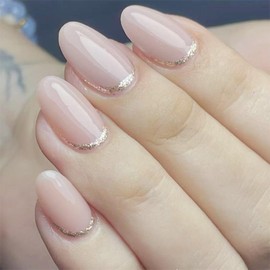 24Pcs Nude Press on Nails Short Oval Shaped Fake Nails Pure Color False Nails with Silver Glitter Stripes Designs Glossy Full Cover Acrylic Artificial Nails Glue on Nails for Women Girls
