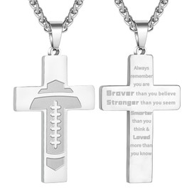 GLITTO Football Cross Necklace for Boys Men Stainless Steel Pendant Chain Religious Christian Baptism First Communion Confirmation Stuff Gear Accessories Jewelry Gift Always Remember Silver