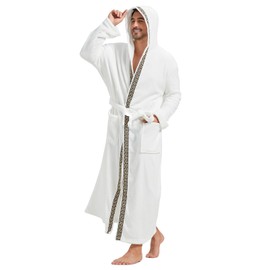 FashGudim Mens Hooded Plush Bathrobe Full Length Fluffy Bathrobe for Big and Strong Men Warm Fleece Bathrobes, White & Black Trim