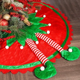 24 Inch Elf Tree Skirt with Striped Legs and Pom, Small Red and Green Tree Skirt for Pencil Tree, Quilted Elf Themed Decorations and Ornaments for Tabletop Christmas Tree