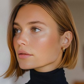 14K Solid Yellow Gold Hanging Holy Cross Christian Religious Drop Dangle Earrings