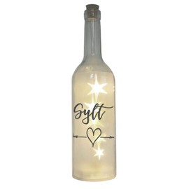 LED Bottle with Motif, Island Sylt Heart, Grey, 29 cm, Bottle Light, Glitter Bottle, Light Bottle Lamp with Text Saying City Maritime