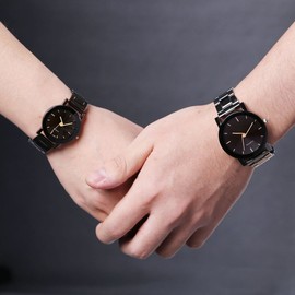 Top Plaza His and Hers Valentine Day Gift Couples Watches All Black Bracelet Watch Simple Elegant Design
