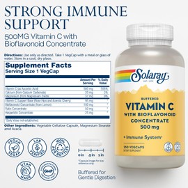 SOLARAY Buffered Vitamin C 500mg - with Bioflavonoids, Rose HIPS and Acerola Cherry - Immune Support Supplement - Easy to Digest, Vegan, Lab Verified, 60-Day Guarantee - 250 Servings, 250 VegCaps