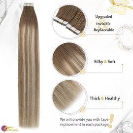 Moresoo Tape-In Real Hair Extensions, 10 Pieces, 25 g, #8/22/8 Brown to Chestnut Brown with Platinum Blonde, Silky Hair, Fashion, Seamless Hair, 55 cm