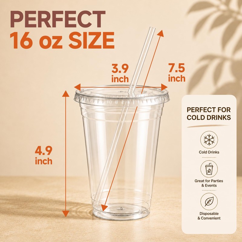 110 Set 16oz Disposable Smoothie Cups with Lids and Straws