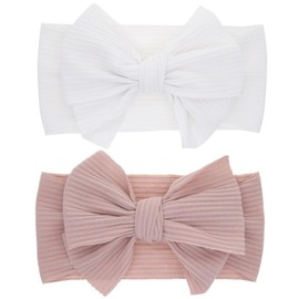 LAKJUOZ Pack of 2 Baby Turban Headbands, Baby Girls Nylon Headbands, Baby Bow Headband, Soft Bow Headwear, Elastic Hair Bands for Newborns, Toddlers (Pink and White)