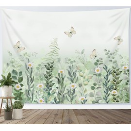EOBTAIN Sage Green Leaves Tapestry Eucalyptus Leaf Botanical Plant Vintage Daisy Flowers Butterfly Floral Tapestries Simple Cottagecore Aesthetic Tapestry Wall Hanging Living Room Bedroo Dorm 80Wx60H