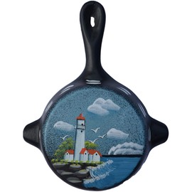 Amish Wares Black Iron Metal Skillet Wall Hanger Ashtray Miniture Decoration 4 7/8 X 6 1/4 X 7/8 Inch Bottom Painted with an Orange top Lighthouse with Clouds