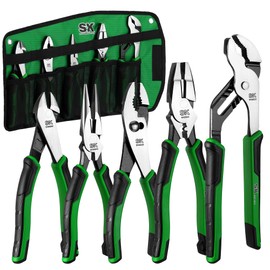 SK 5-Piece Pliers Set, 8" Needle Nose & Slip Joint & Diagonal Pliers, 9.5" Linesman, and 10" Groove Joint, CR-V Construction, Anti-slip Handle, with Rolling Pouch