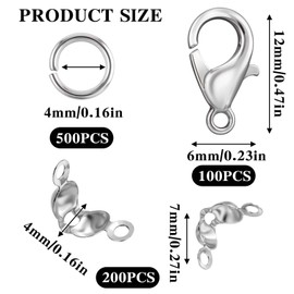 800 Pieces Chain Clasp Clasps for Bracelets Set Bracelet Clasp Gold Silver Chains Clasps Lobster Clasp Jump Rings Crimping Ends for Necklaces Bracelet Jewellery Crafts (Silver)