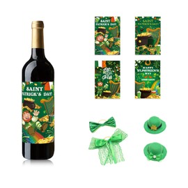 16Pcs St. Patrick's Day Wine Bottle Decors, Set of 12 Decorative Stickers and 4 Sets Bottle Decors, Mini Green Hat and Mini Green Bow Tie for Celebration, Special Wine Label for Party Decoration