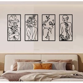 QSHU HUNG 4 Packs Metal Minimalist Abstract Woman Wall Art Single Line Female Bathroom Wall Decor Home Hanging Wall Art Decor for Kitchen Bathroom Living Room