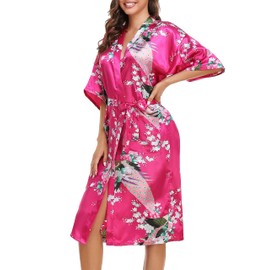 Lovasy Kimono Dressing Gowns Satin Kimono Robe Peacock and Blossoms Silk Dressing Gown for Women UK Long Silk Bride and Bridesmaid Robes,Rose Red,L