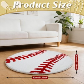 31.5 Inch Round Baseball Rug Sports Carpet with Non-Slip TPR Backing Soft Washable Area Rug for Boys Bedroom Living Room Playroom Room Decor Gifts for Baseball Lovers Sports Fans