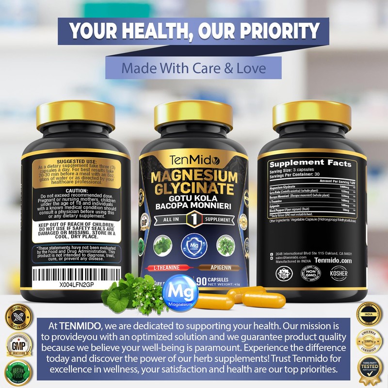 Tenmido Pure Magnesium Glycinate Supplements - 6in1 with Gotu Kola,