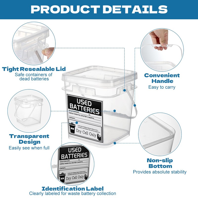 2 Pcs Battery Disposal Container 1 Gallon Dry Cell Storage