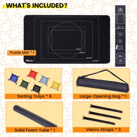 Rubber Puzzle Mat Roll Up，Jigsaw Saver Pad Matt Rollup 46" x 26 ", Upgraded Travel Storage Bag with 6 Sorting Trays Portable Keeper Up to 500 1000 1500 Pieces with Non-Slip Bottom.