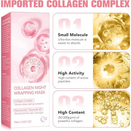 Collagen Night Wrapping Mask, Peel Off Collagen Mask for the Face, Deep Hydration, Reduces Wrinkles & Improves Skin Elasticity, Brush Included, 75 ml
