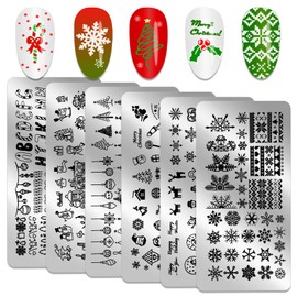 HOWAF 6 Christmas Nail Stamps Christmas Nail Stamp Stencils Snowman Christmas Tree Snowflake Christmas Nail Stamp Christmas Nail Stamping Set Nail Art Metal Plates Scraper Stamper