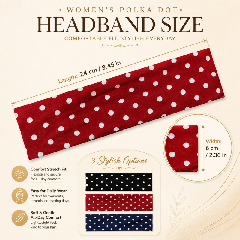 3 Pack Polka Dot Headbands for Women, 2 Inch Wide