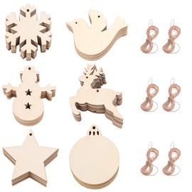 60 Pcs Christmas Tree Wooden Ornaments Hanging Bauble DIY Wood Chip Pendant with 60 Pcs Rope, Snowflake Bell Reindeer Crafts Embellishments for Xmas Decoration Wedding Party Decor, 6 Style