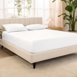 Bare Home 100% Organic Cotton Sateen Fitted Sheet - Smooth Sateen Weave - Breathable & Cooling - Hotel Luxury - Durable Fitted Sheet - Deep Pocket (Queen, White)