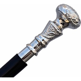 Vintage Antique Walking Cane Wooden Walking Stick Silver Finish Brass Handle Knob Gift with Black Wooden Stick