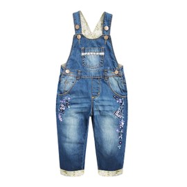KIDSCOOL SPACE Baby&Little Girls Flower Embroidered Washed Cotton Denim Overalls,Blue,4-5 Years