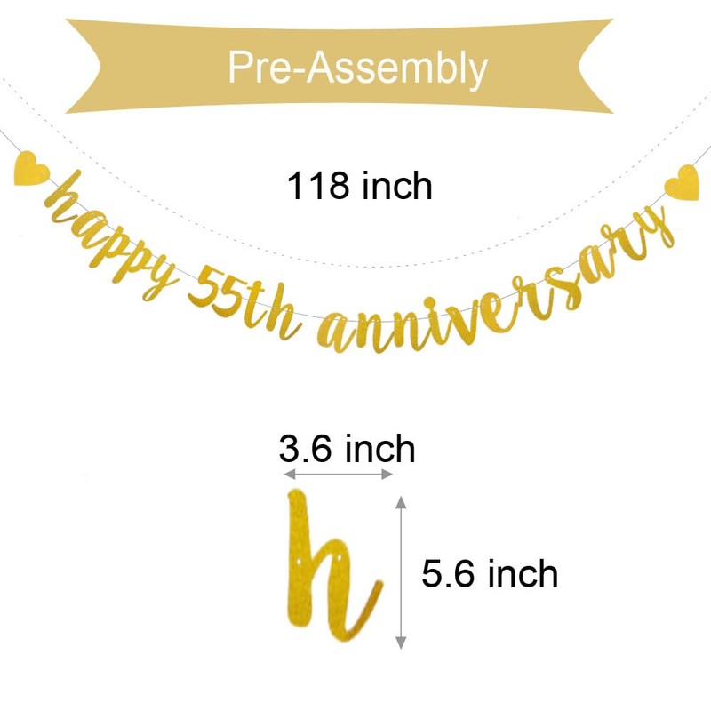 XIAOLUOLY Gold Glitter Happy 55th Anniversary Banner,Pre-Strung,Party Decorations Bunting Sign