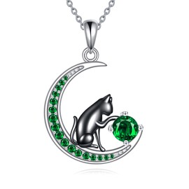 HKPATOP Black Cat Necklace Sterling Silver May Birthstone Necklace Cat Jewelry for Women