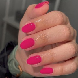 Hot Pink Press on Nails Short Oval Round Nails Glue on, SXVME Neon Fake Nails Press ons, Acrylic False Nails Handmade of Gel, Best Thick Fushia Short Almond Nails for Big & Petite Fingers, 24Pcs