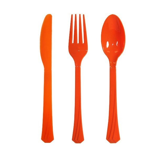 Tiger Chef Plastic Cutlery Set Heavy Duty Colored Plastic Silverware - Includes 16 Forks, 16 Teaspoons, and 16 Knives (Orange, 48)