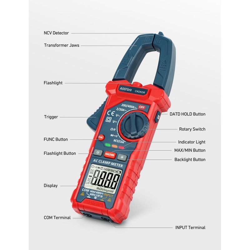 AstroAI Digital Clamp Meter Multimeter 2000 Counts Amp Voltage Tester