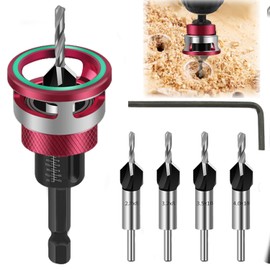 Upgraded Touch-Stop Countersink Drill Bit Set with Adjustable Aluminum Depth Stop, 1/4" Quick Change Hex Shank Countersink Drill, HSS M2 Bits Head & Hex Wrench for Wood, Woodworking