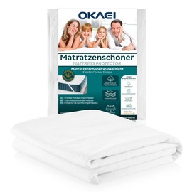 OKAEI Mattress Protector 100 x 200 cm Waterproof | Surface Made of 100% Cotton | Breathable Mattress Topper | Crinkle-Free Mattress Protector | Oeko-Tex Certified | Elastic Corner Elastics