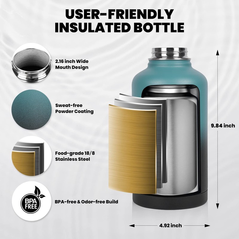 RAYMYLO Insulated Water Bottle 64 oz, Triple Wall Vacuum Stainless