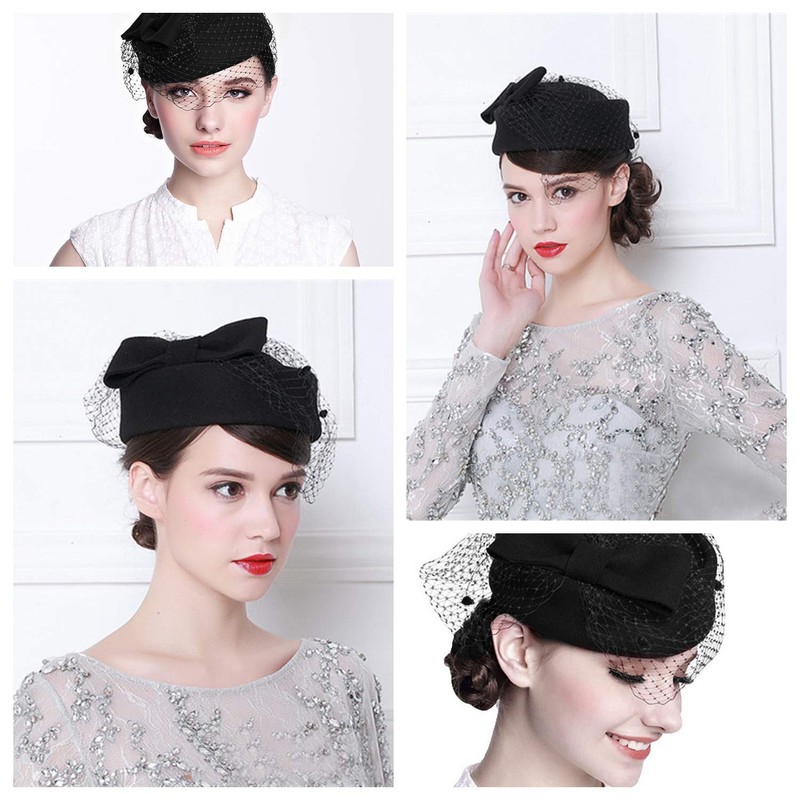 Pillbox Hat, Wedding Hat Caps with Veil Vintage Bow Fascinator