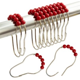 Shower Curtain Hooks Rings Stainless Steel Shower Hooks Red Acrylic roller Balls Rustproof Heavy Duty for Bathroom Curtain(Red)