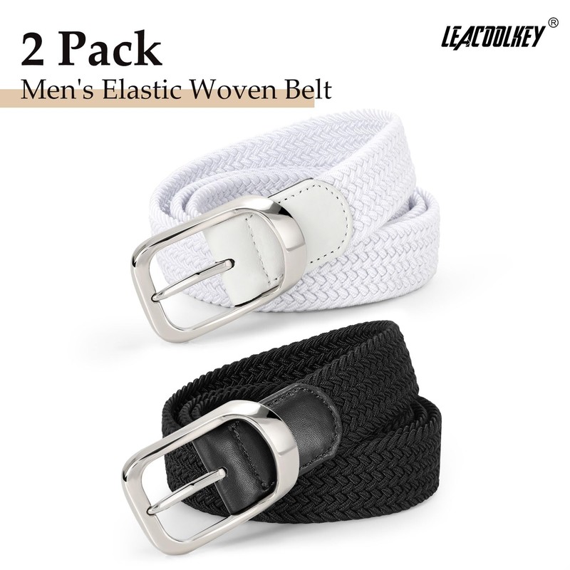 LEACOOLKEY 2 Pack Stretch Belts for Men Elastic Woven Braided