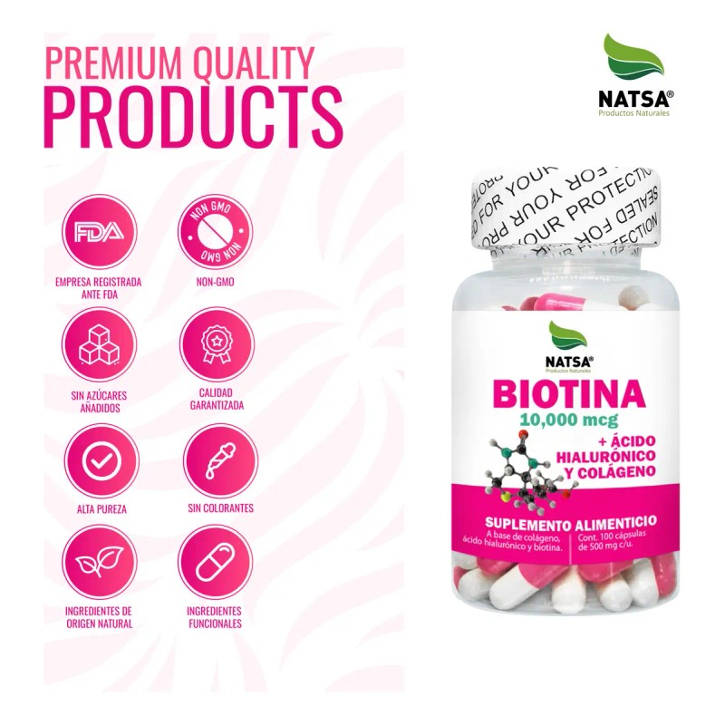 Biotina 000 Mcg Ácido Hialurónico Colágeno 100 Caps Hombres Mujeres