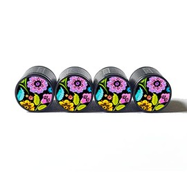 Flower Bouquet (Style 5) Tire Valve Caps - Black Aluminum - Set of Four