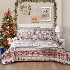 Smuge Christmas Bedspread Quilt Sets King Size - Nordic Cabin Lodge Wildlife Reindeers Elk Red Lantern Snowflake Striped Winter Holiday Coverlet Bed Set Xmas Bedding Sets Throw Blanket Bedroom Decor