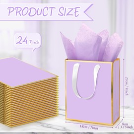 Yeaqee 24 Pack Metallic Paper Gift Bags with Handle and Tissue Paper Thank You Favor Bags for Bridal Shower Father's Day Groomsmen Wedding Birthday Baby Shower, 9 x 7 x 3.15''(Light Purple, Gold)
